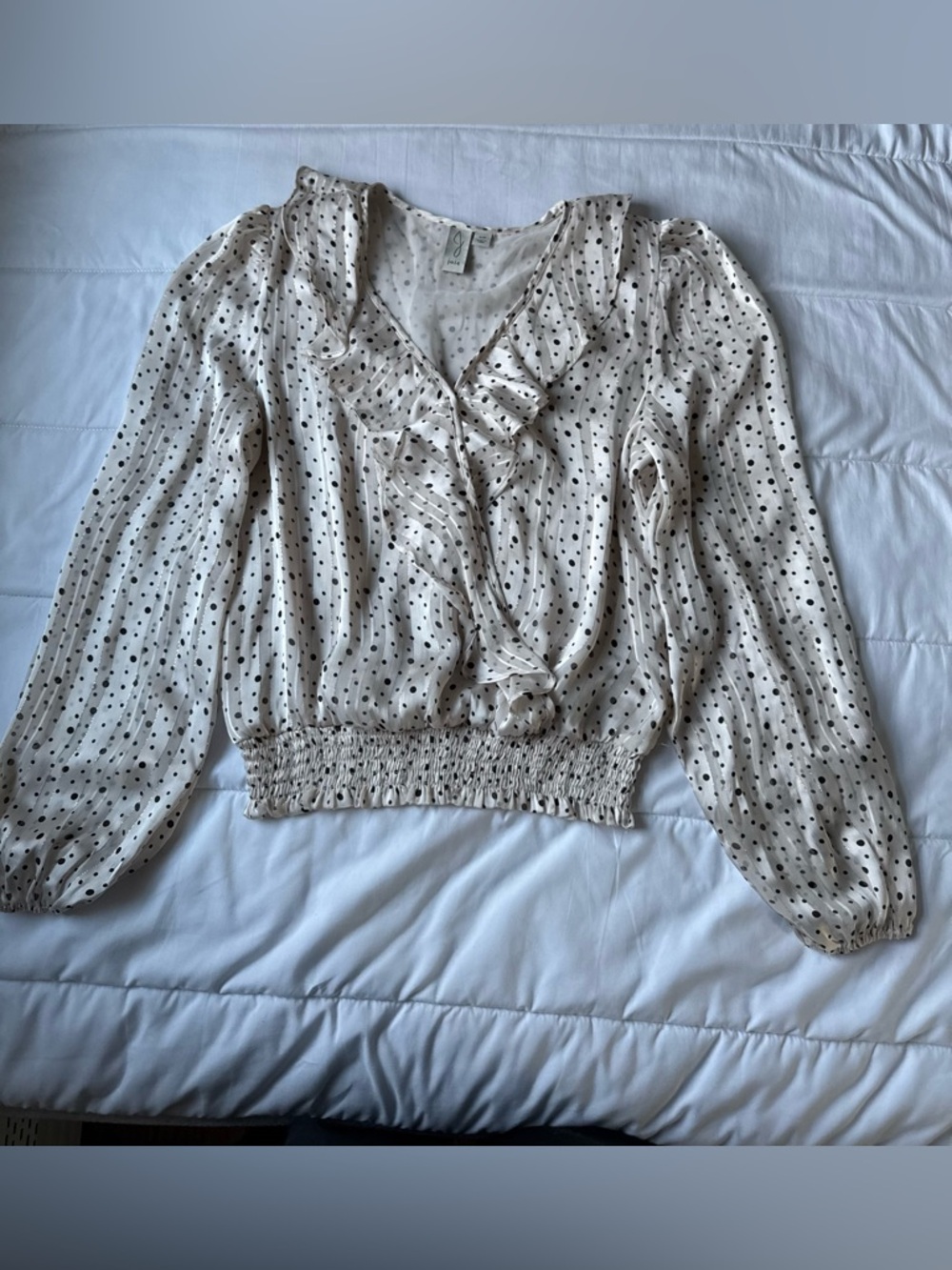 Joie Cream Blouse with Black Polka Dots and Ruffle Front